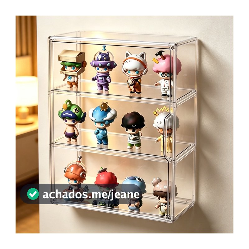 Vitrine Acrílica de Parede Porta Magnética e 2 Prateleiras Removíveis para Action Figures comFixação Adesiva