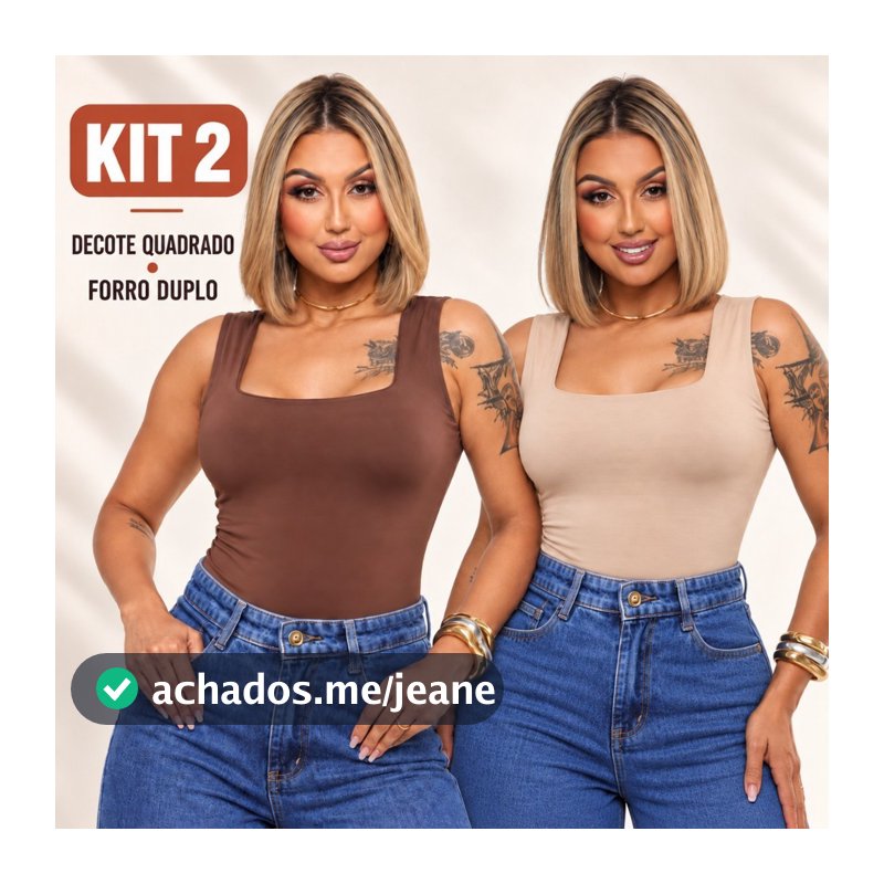 Kit 2 Regatas Femininas Decote Quadrado Suplex Forro Duplo Alça Larga Blusa Básica P ao GG