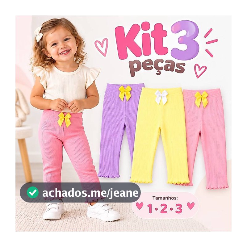 Kit 3 Calças Bebê 1 2 3 Anos Caneladas Frufru na Barra e Laço na Cintura
