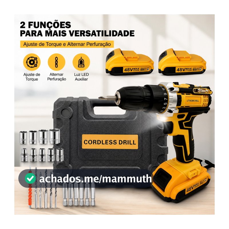 Parafusadeira Furadeira 48V Íon-Lítio Sem Fio, 2 Baterias, Maleta Resistente e Kit Completo de Acessórios
