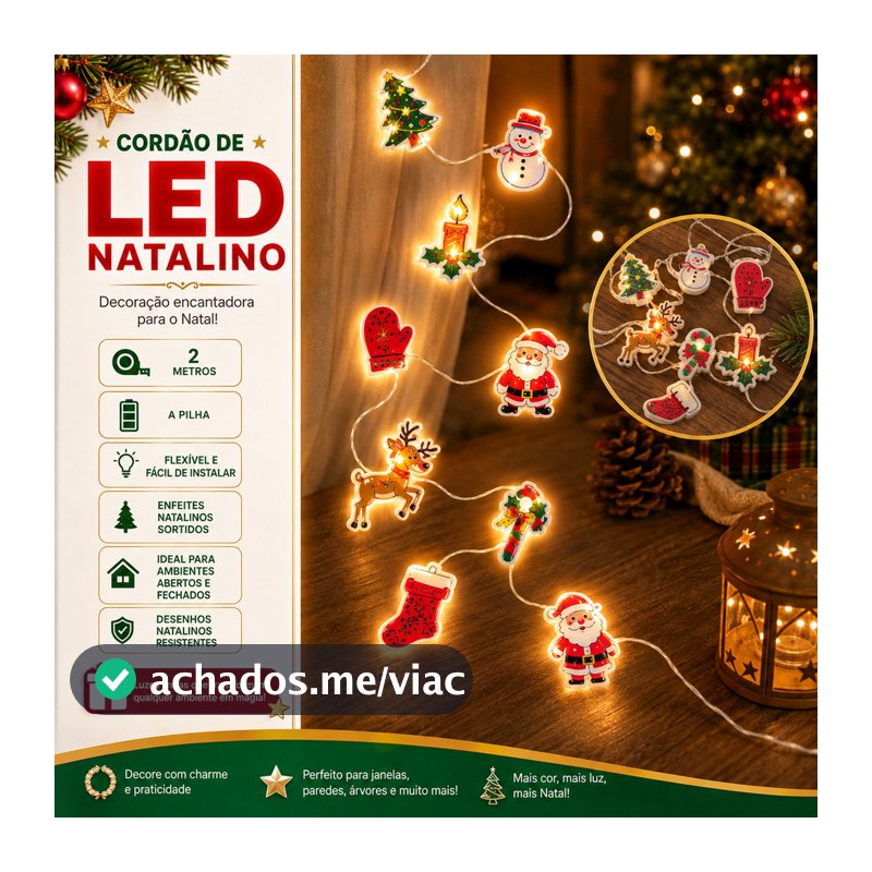 Cordão De Luz De Natal led 2 Metros Desenhos Diversos Luxo Metal com Luzes Natalinas