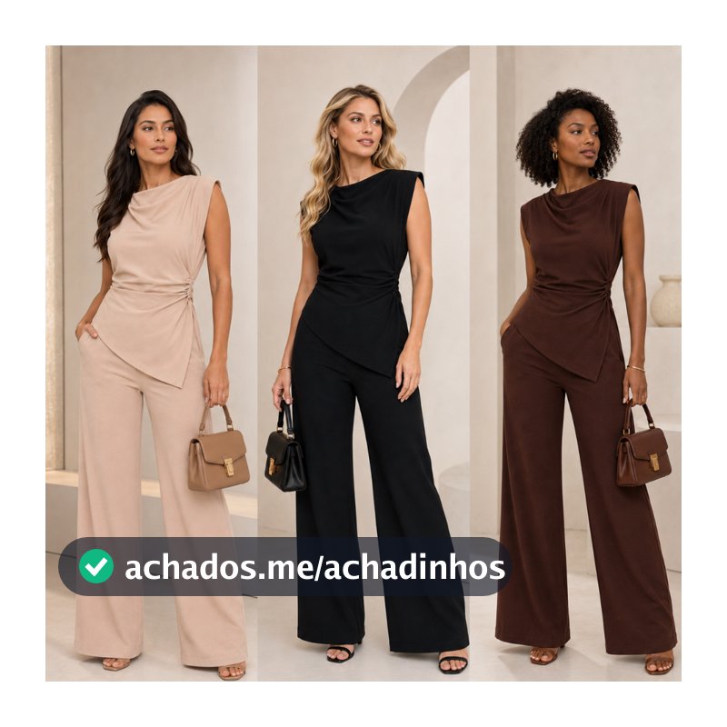 Conjunto Feminino Alfaiataria Assimétrico Blusa Franzida e Calça Panatalona Social Elegante Moda Mulher Verão Promoção