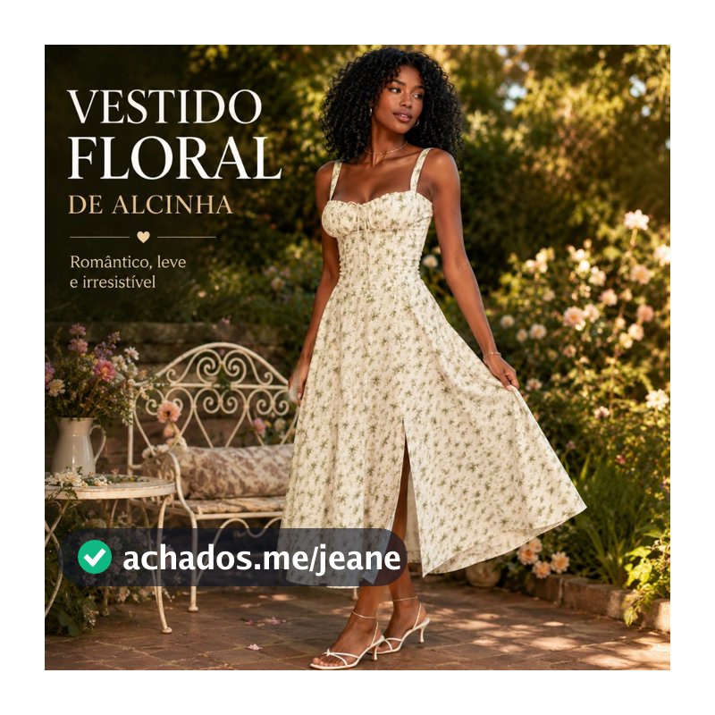 Vestido Midi Floral Feminino Off White Estampa Verde/Cáqui ao fundo Decote Coração Primavera Verão