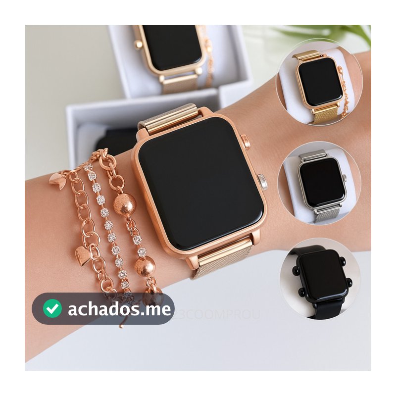 Relógio Digital Led De Pulso Feminino Quadrado Com Pulseira Presente Maes