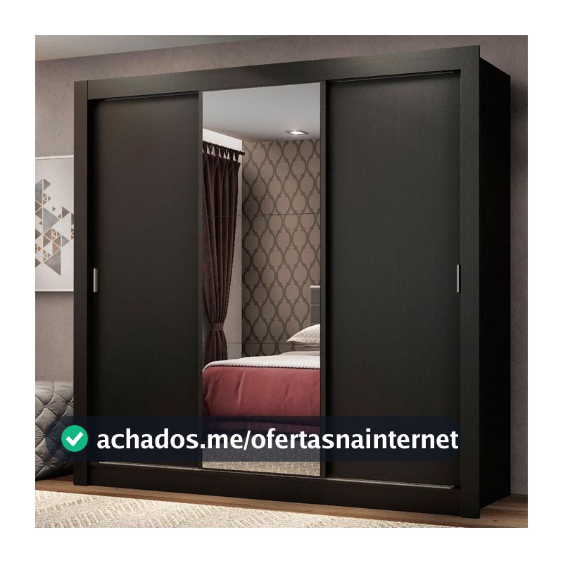 Guarda Roupa Casal 3 Portas de Correr com Espelho Preto Madesa Mônaco