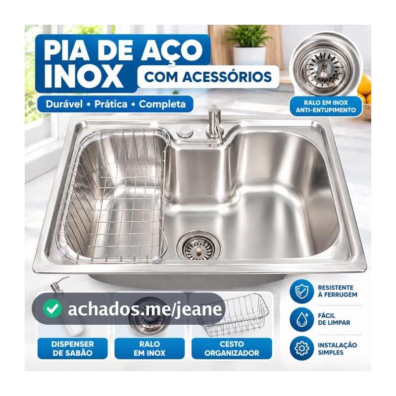 Cuba Para Cozinha Com Acessórios, 40x50x20,5 cm, Gourmet Com Borracha Anti-ruído, Aço Inox Escovado