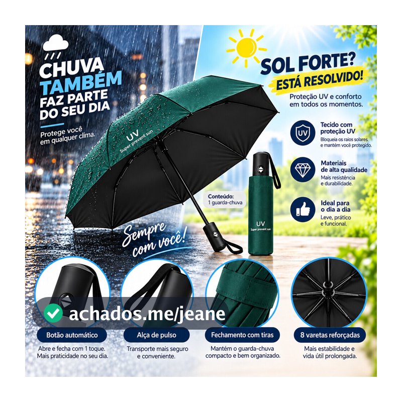 Guarda-Chuva Antivento Compacto – Automático Abre e Fecha 1 Toque, 8 Varetas, Proteção UV MB-15