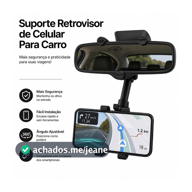 Suporte Retrovisor de Celular Para Carro Central Extensível Giro 360º Facil Instalação Todos Celular