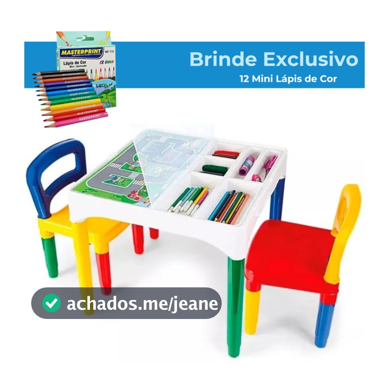Mesinha Mesa Infantil Didática Poliplac com 2 Cadeiras - Brinde Caixa Míni Lápis de Cor