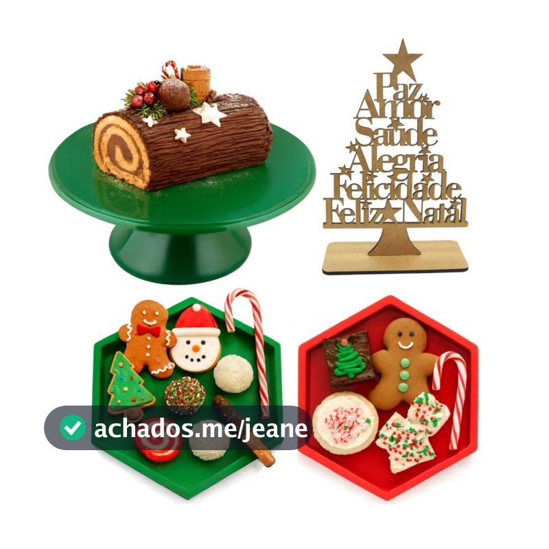 Kit Decoração de Mesa Natal com Boleira 26cm, 2 Bandejas 17cm e Árvore de Natal 15x10cm para Festas