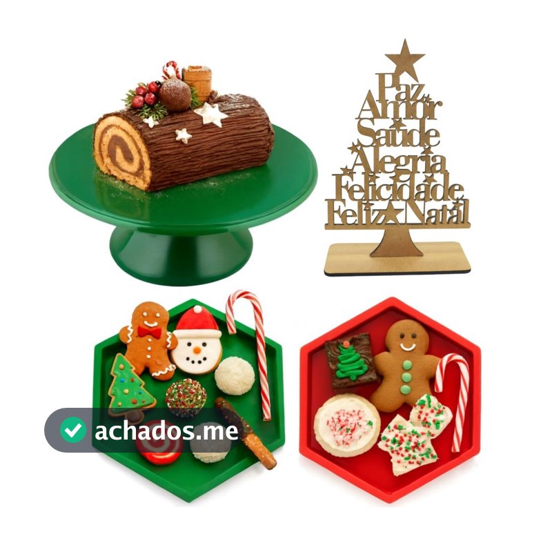 Kit Decoração de Mesa Natal com Boleira 26cm, 2 Bandejas 17cm e Árvore de Natal 15x10cm para Festas