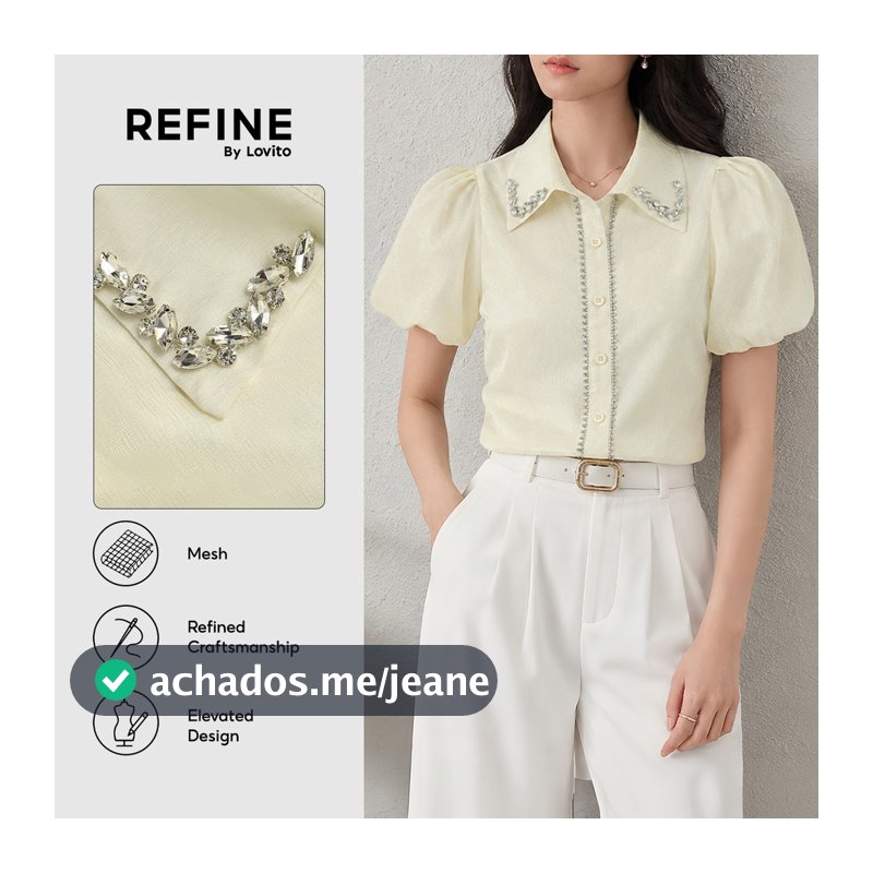 (Refine by Lovito) Blusa Feminina Amarelaclara De Manga Curta Com Gola Strass Assimétrica Mesh Workwear Festa/Formal BLR43P1D070
