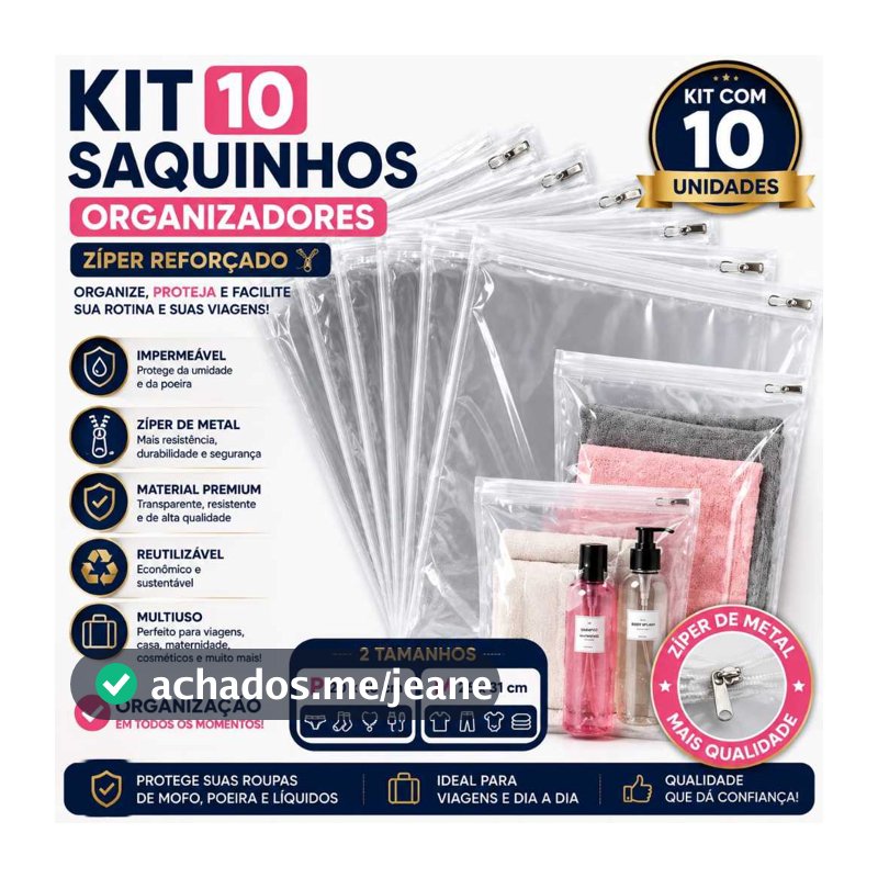Kit 10 Saquinhos Organizadores P e M Com Zíper Multiuso Envelope Maternidade/Guarda Roupas/Mala De Viagem