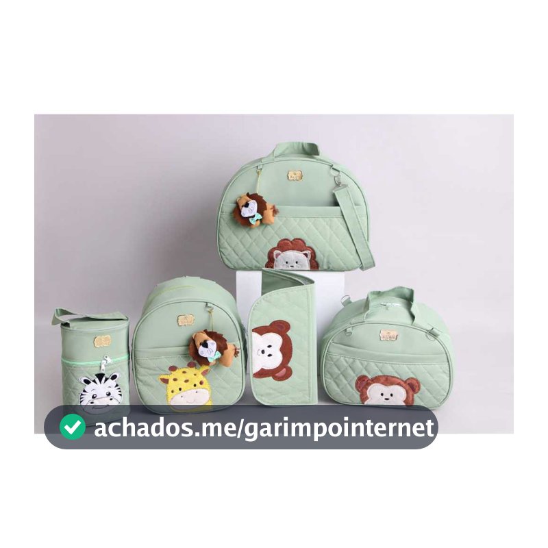 Kit Bolsa Maternidade 5 Peças Safari Bordada l Trocador Portátil l Porta Mamadeira