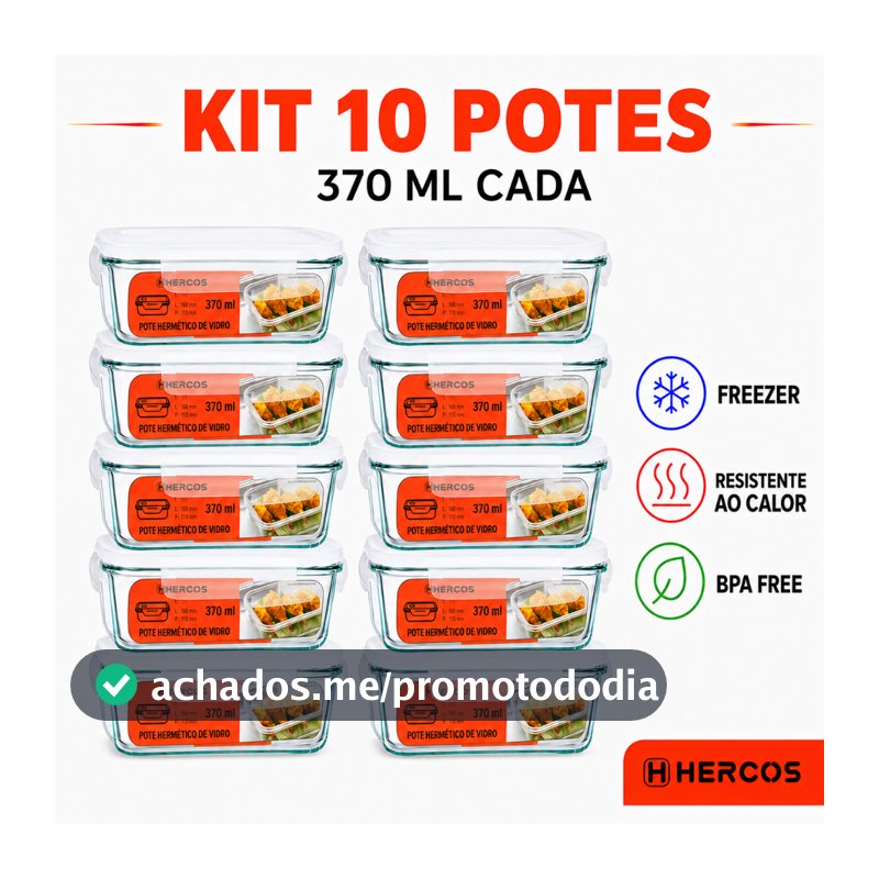 Kit Pote Hermético Vidro Tampa 4 Travas 370ml Retangular Freezer Marmita Frios Fitness Micro Ondas