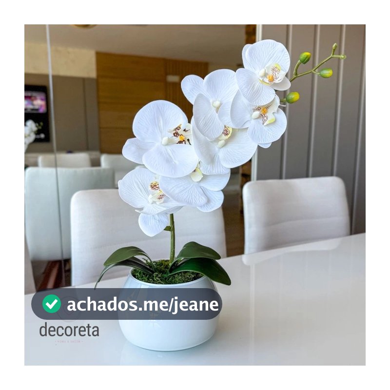 Arranjo Orquídea Branca Artificial 33cm Vaso Vidro Branco Para Mesa Sala Jantar Aparador