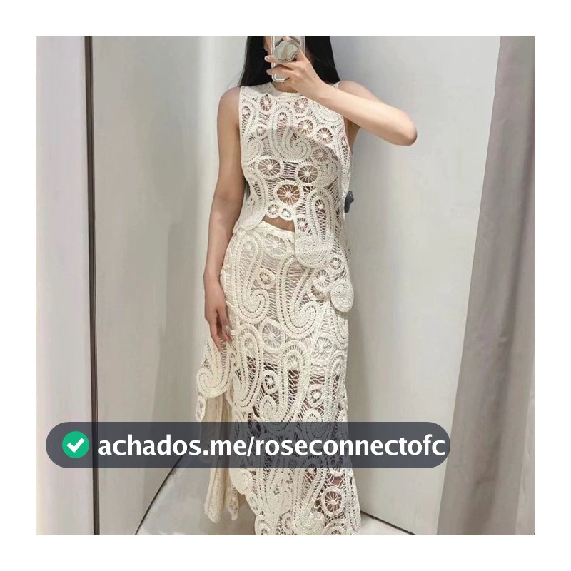 Conjunto De Desenho De Flor De Gancho De Malha Retrô Feminino Sem Mangas Saia De Cintura Alta 31