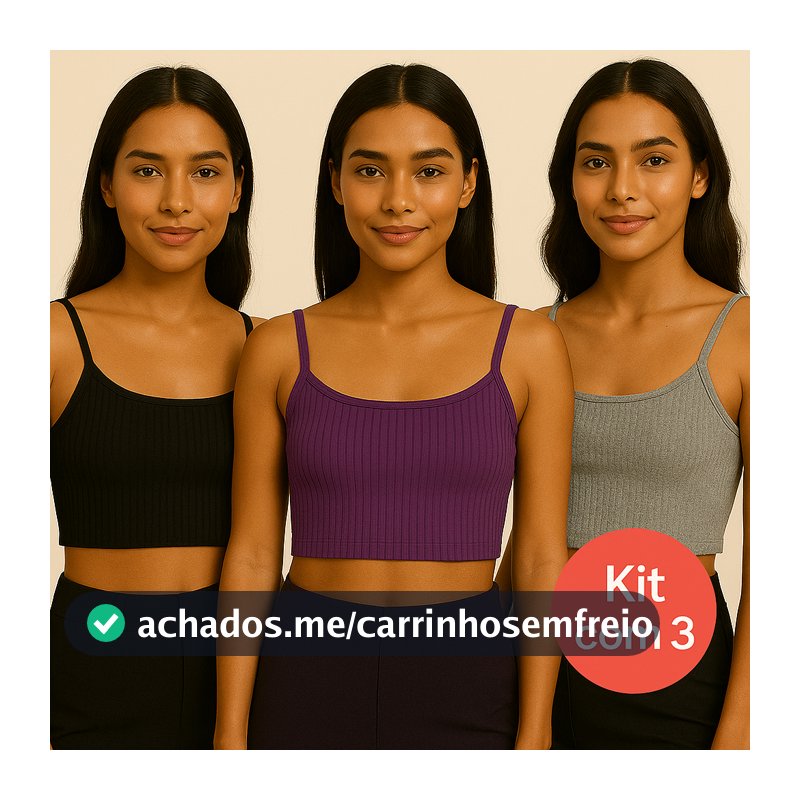 Kit com 3 Cropped Top Fitness Femininos | Alça Fina Canelado | Look Academia e Casual | Cores Sortidas