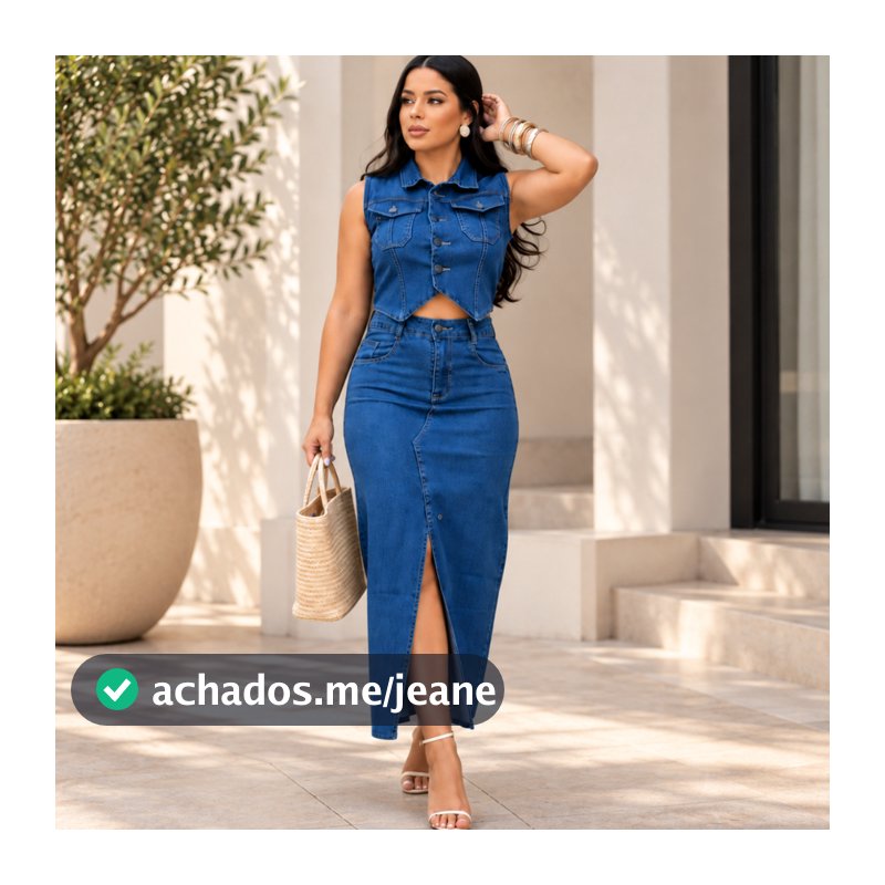 Conjunto Feminino Jeans Colete Com Botão Saia Midi Com Fenda