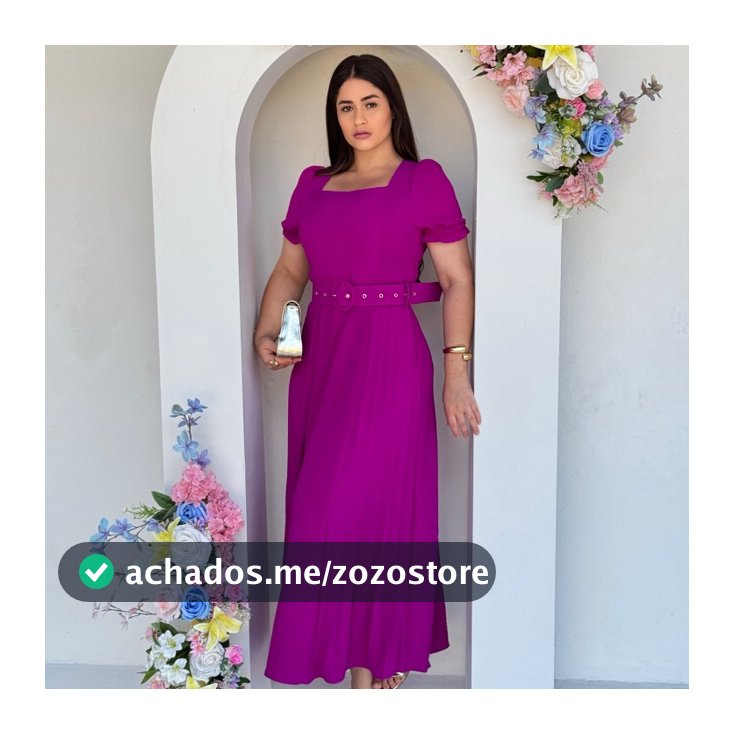 Vestido Clara Feminino Max Midi Plissado com Cinto e Gola Quadrada