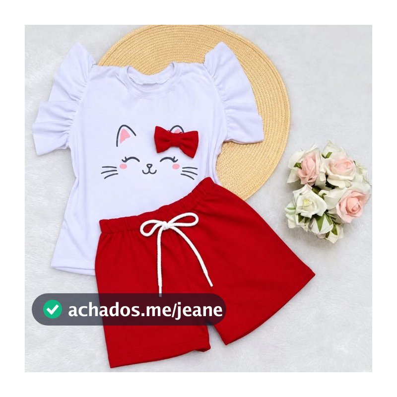 Conjunto Gatinha Infantil Menina Short Vermelho E Blusa Estampada Confortável Bebê Delicado Fashion