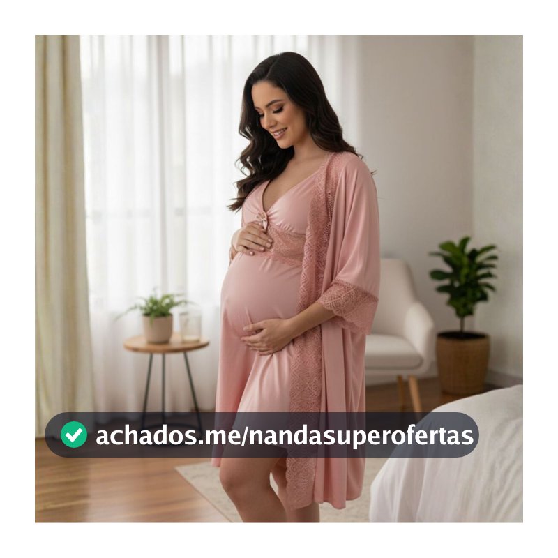 KIT Camisola Amamentação Maternidade e Pós Parto + Robe em Microfibra com Renda.