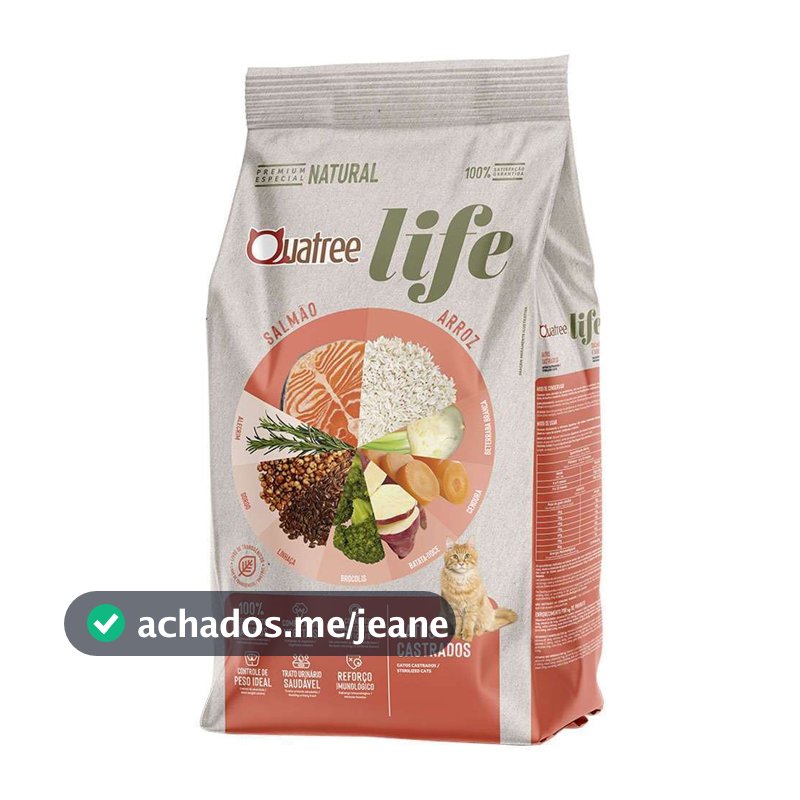 Ração Quatree Life para Gatos Castrados Sabor Salmão e Arroz 3KG