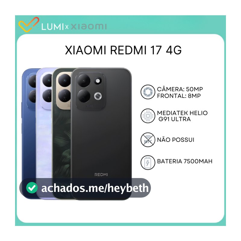 Xiaomi Redmi 17 4G, Versão global,128/256GB com 4/6GB RAM Processador MediaTek Hélio G91 Ultra, Bateria 7500mAh