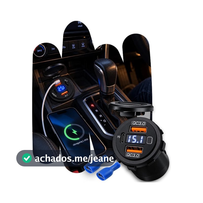 Tomada Carregador Usb Veicular Qc3.0 + Saída Tipo C Pd Botão Liga E Desliga Com Voltímetro E Chicote 12v-24v Display Led