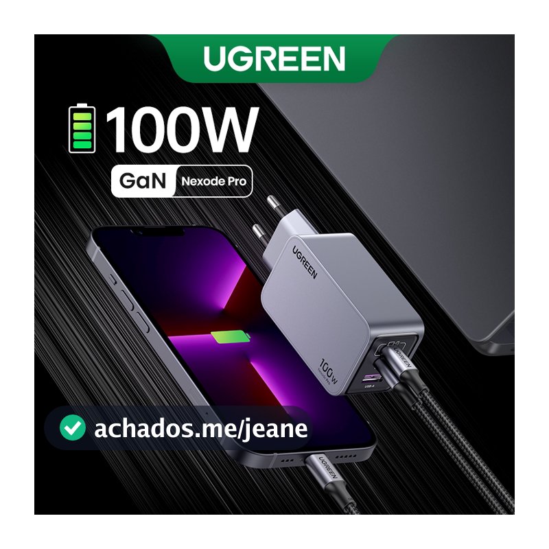 Carregador Nexode Pro 2C1A GaN UGREEN 100W , Carregamento Rápido Para iPhone Série 15-8 Macboook Air Tamanho Menor Que O