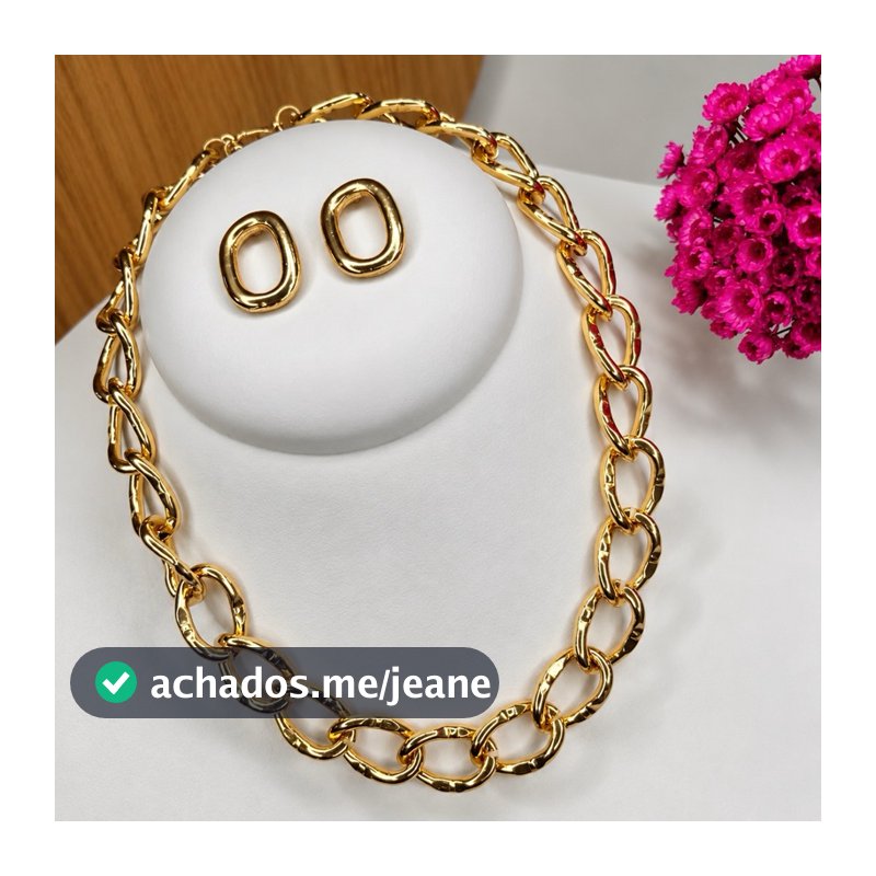 Colar Elos Corrente Gargantilha Feminina e Brinco Folheado a Ouro Bijuteria Elegante Sofisticado