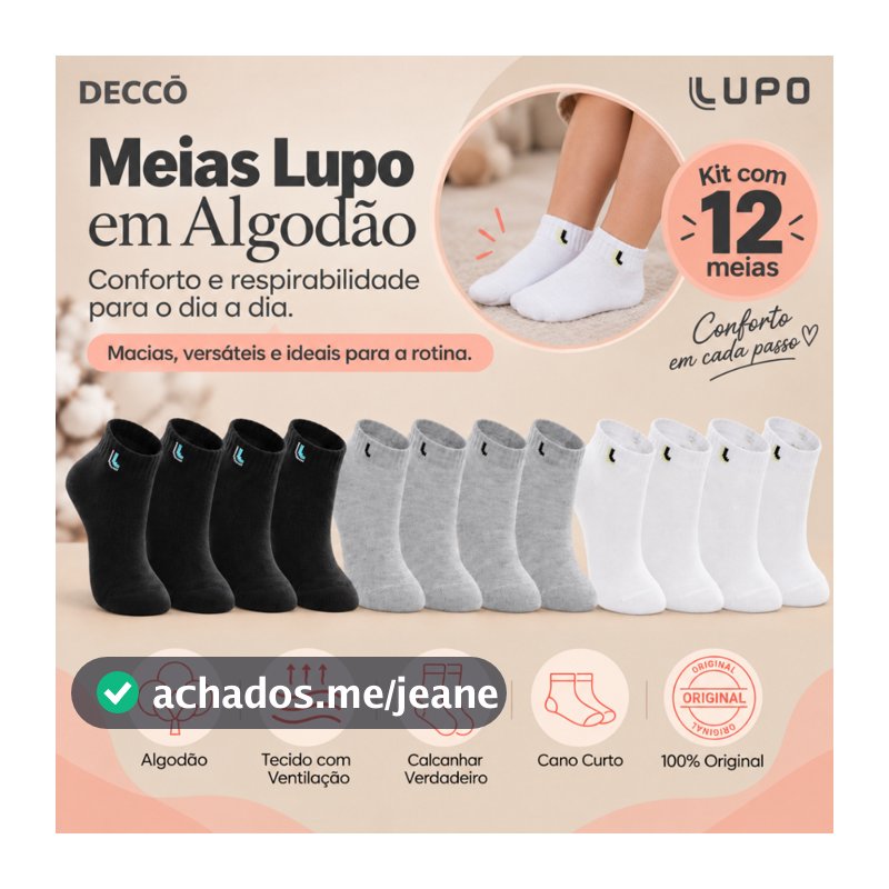 Kit De 12 Pares Meias Lupo Kids Infantil Cano Curto Algodão Tamanho 24 ao 35