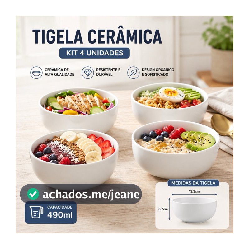 Kit 4 Peças Bowl Médio Cambuca Tigela Cerâmica 390ml Colorido 5x13cm Resistente Durável