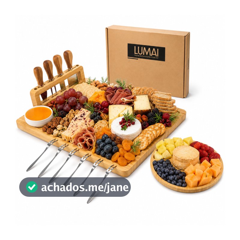 Lumai Kit Tábua Queijos Frios Petisqueira Bambu Facas Garfos Potes Cerâmica Servir Churrasco
