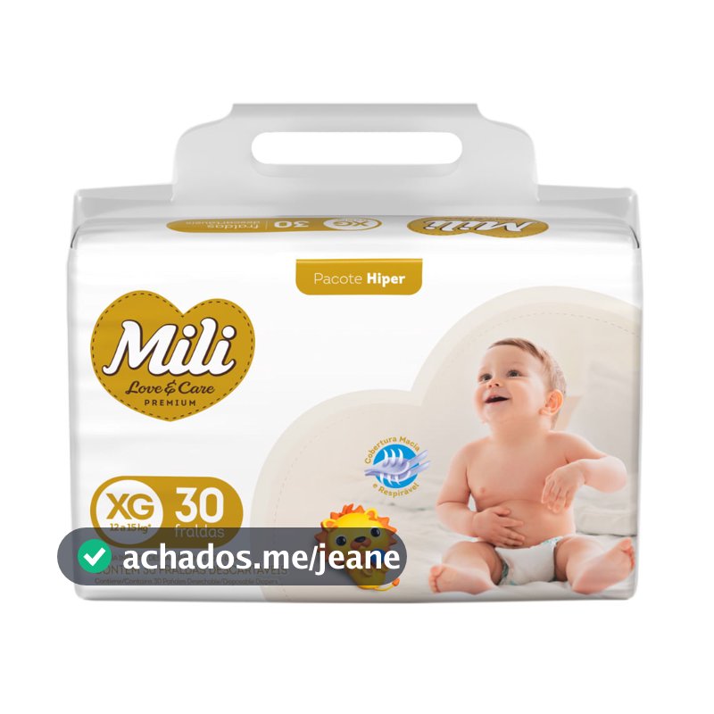 Fralda Infantil Mili Love e Care Premium Hiper Tamanho XG com 30 Unidades Descartáveis