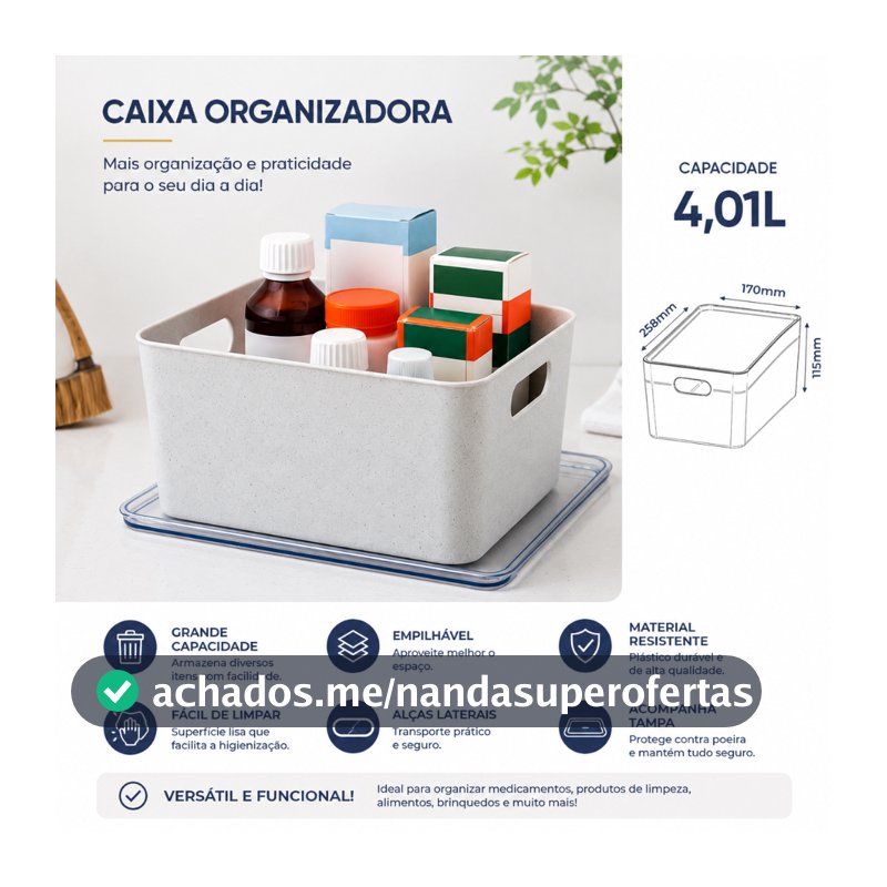 CAIXA ORGANIZADORA 4L COM TAMPA PARA BANHEIRO COZINHA GELADEIRA ROUPAA EMPILHAVEL RESISTENTE CASA ORGANIZADA BRINQUEDO