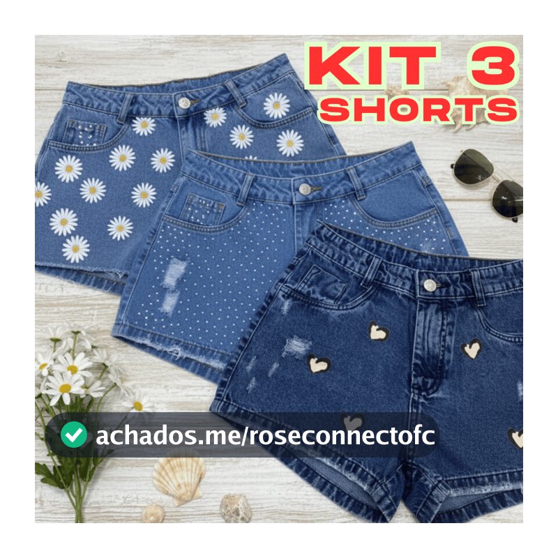 Kit 3 Shorts Jeans Feminino Cintura Alta Estampado Fashion