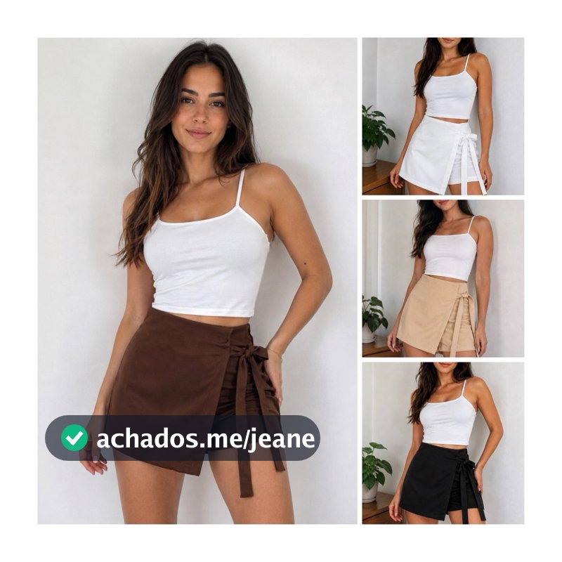 Short Saia Alfaiataria Feminino com Zíper e Laço Cintura Alta