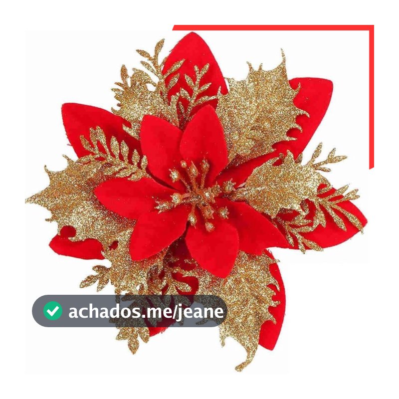Kit 10 Flores de Natal Vermelha e Dourada c/ Glitter 14cm Enfeite Árvore luxo