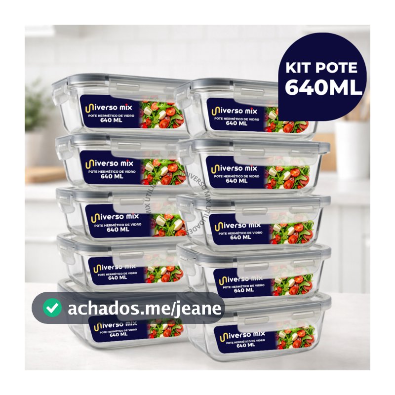 Kit 10 ou 5 Potes Vidro Hermético 640ml Retangular 4 Travas Marmita Premium