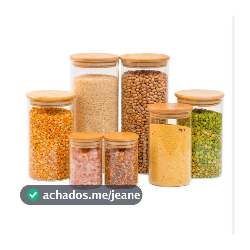 Kit 7 potes de vidro com tampa de bambu herméticos redondos - Tüd
