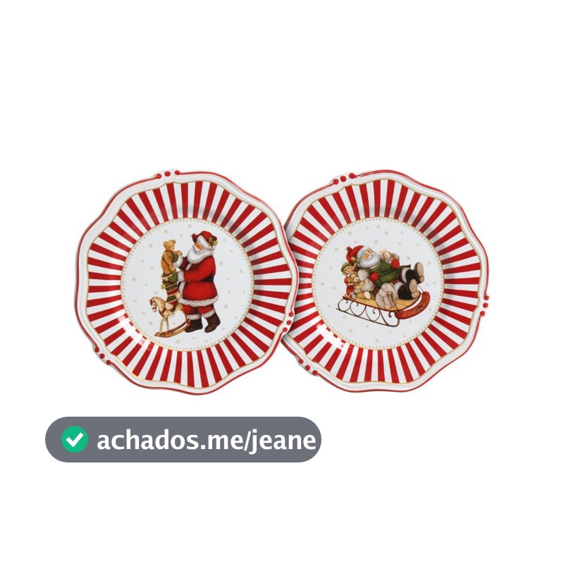Conjunto 2 Pratos Sobremesa Com Filete Christmas Charm 21cm Natal Cerâmica Scalla