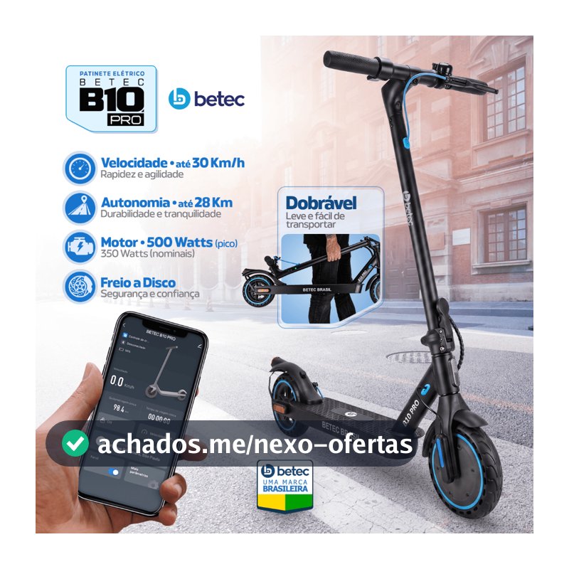 Patinete Elétrico Betec B10 PRO Velocidade 30 Km/h 500W Autonomia 28 Km Bateria 10.4Ah App Garantia