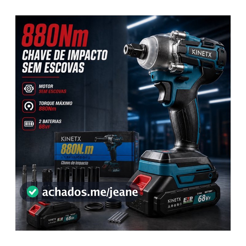 Chave de Impacto a Bateria KINETX 880Nm 68Vf Motor Forte sem Fio com 2 Baterias e Carregador para Rodas Automotivas