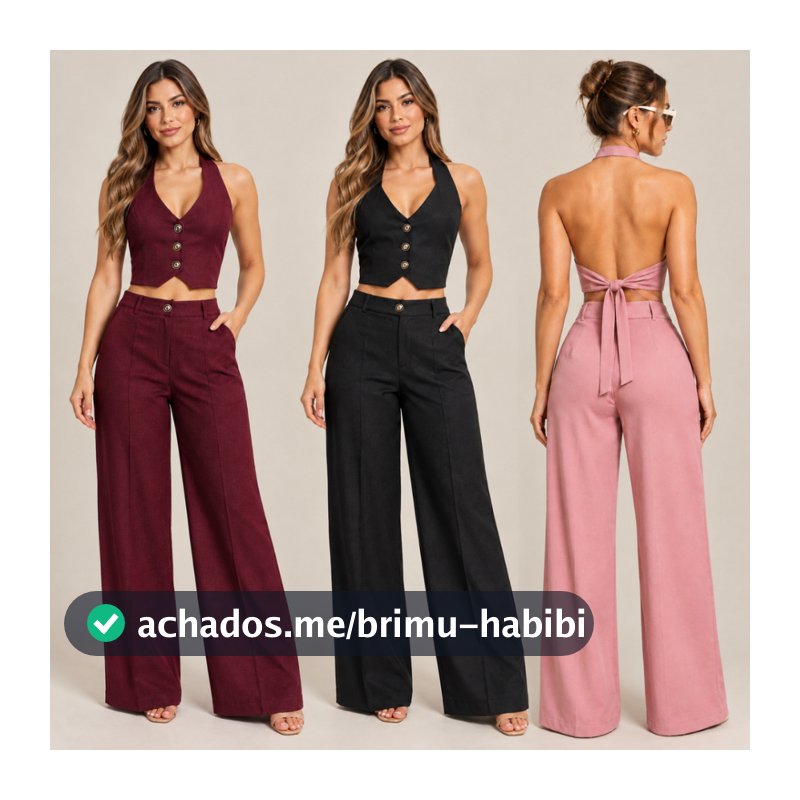 Conjunto Alfaiataria Amarração nas Costas Botões Dourados e Calça Pantalona