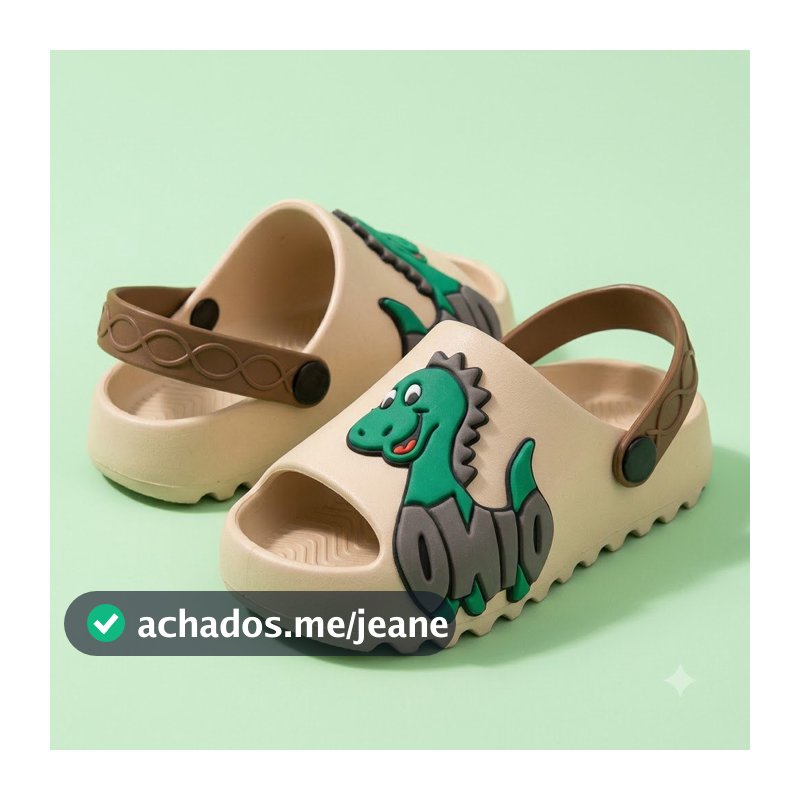 Sandália Slide Infantil Menino Dino Dinossauro 3D Bege Baby Papete Elástico Verão