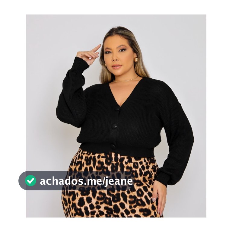 Casaco cropped Plus Size de tricô Premiu com botão forrado Moda Blogueira