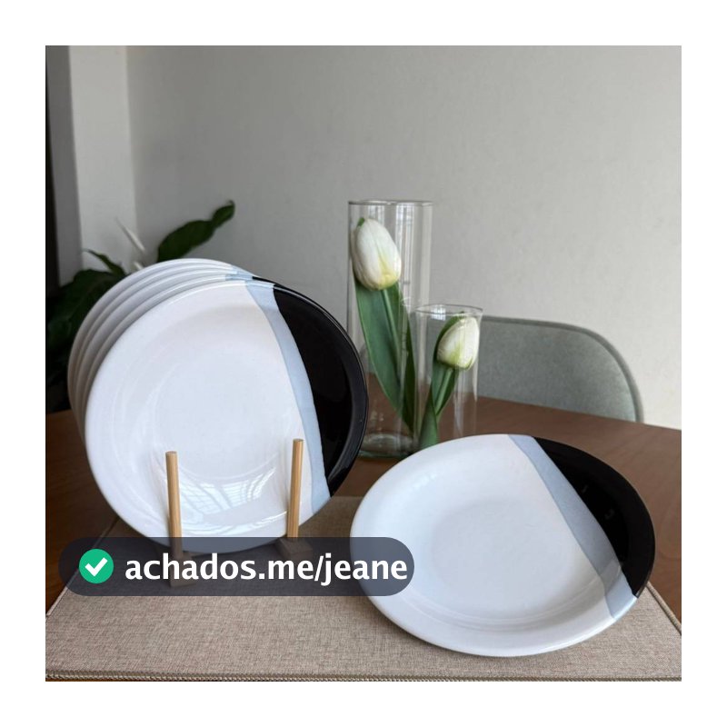 Jogo de pratos fundos 6 peças de ceramica segunda linha 23cm preto e branco