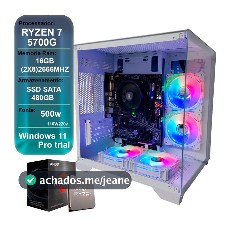 PC GAMER RYZEN 7 5700G, 16GB DDR4, SSD 480GB, VEGA 8, AQUARIO BRANCO