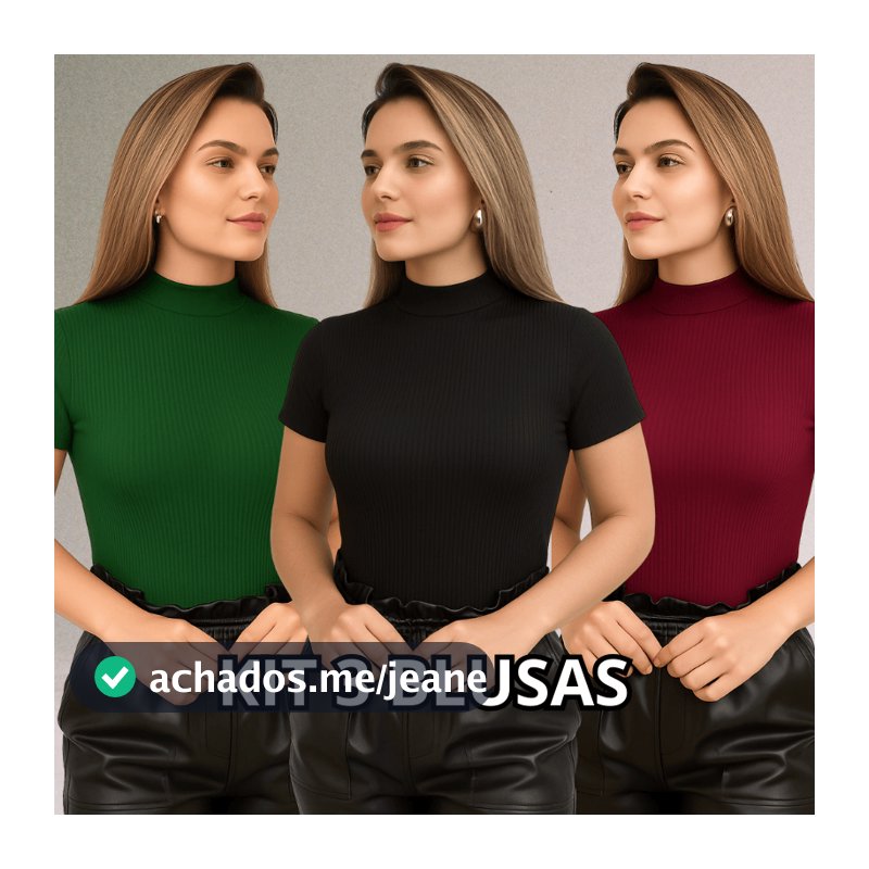KIT 3 Blusa Canelada Feminina Gola Alta Manga Curta Canelado Premium